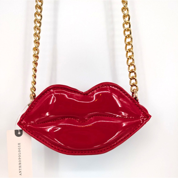 Anthropologie Glossy Red Patent Leather Lips Chain Strap Mini Handbag Retro Glam - Picture 13 of 14